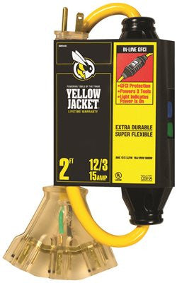 Coleman Cable Yellow Jacket&reg; In-line Gfci With 2 Ft. 12-3 Sjtw Cord And Lighted Power Block, Yellow