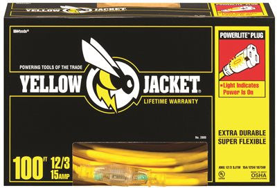 Coleman Cable Yellow Jacket&reg; 12-3 Sjtw 100 Ft. Extension Cord With Lighted Receptacle, Yellow