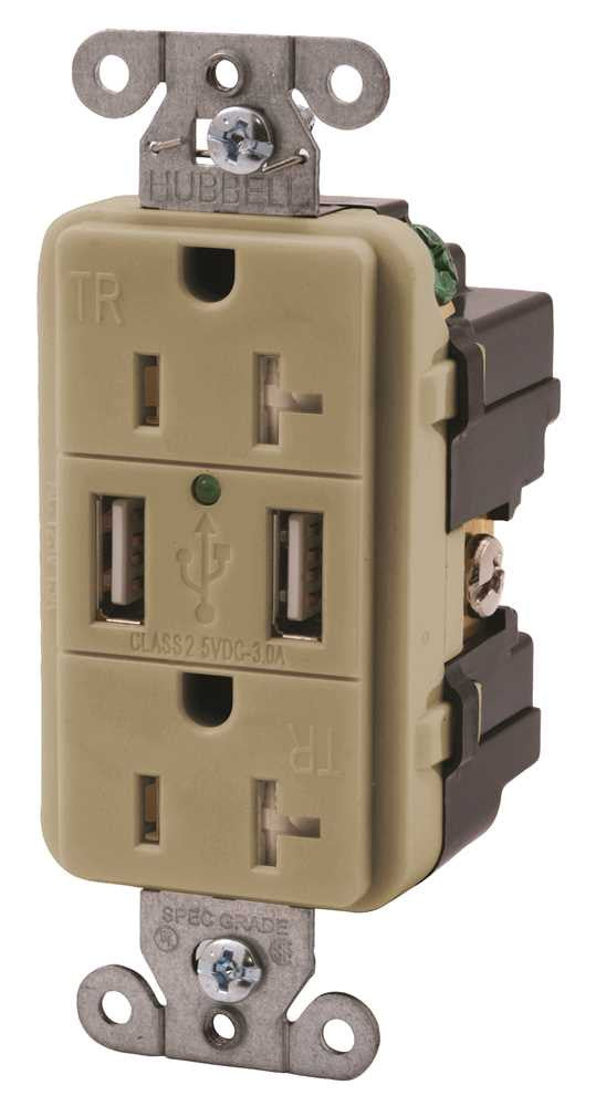 Hubbell Tamper Resistant Usb Charger Duplex Receptacle, 20 Amp, Ivory