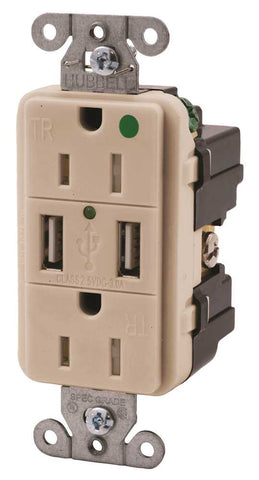 Hubbell Tamper Resistant Hospital Grade Usb Charger Duplex Receptacle, 15 Amp, Light Almond