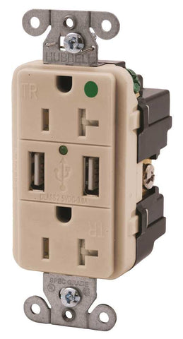 Hubbell Tamper Resistant Hospital Grade Usb Charger Duplex Receptacle, 20 Amp, Light Almond