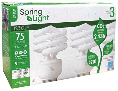 Tcp Springlight&trade; Springlamp&reg; Compact Fluorescent Lamp, 19 Watt, 2700k Color Temperature, 3 Pack