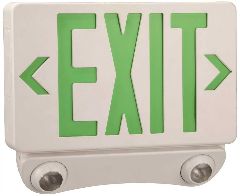 Monument Combination Led Exit Sign And Emergency Light, Green Lettering