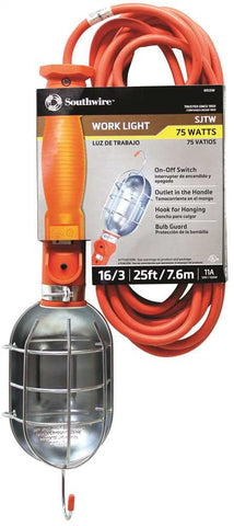 Woods&reg; Pvc Work Light With Outlet And Metal Guard, 16-3 Sjt, Orange, 75 Watts, 25'