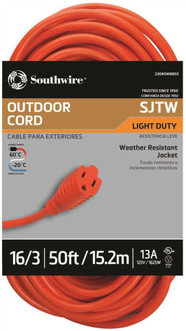 Vinyl Outdoor Sjtw Extension Cord, 16-3, 50', Orange