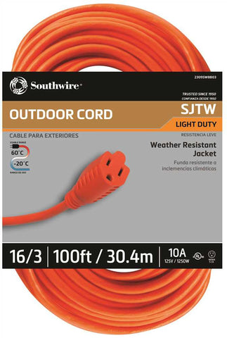 Vinyl Outdoor Sjtw Extension Cord, 16-3, 100 Ft., Orange