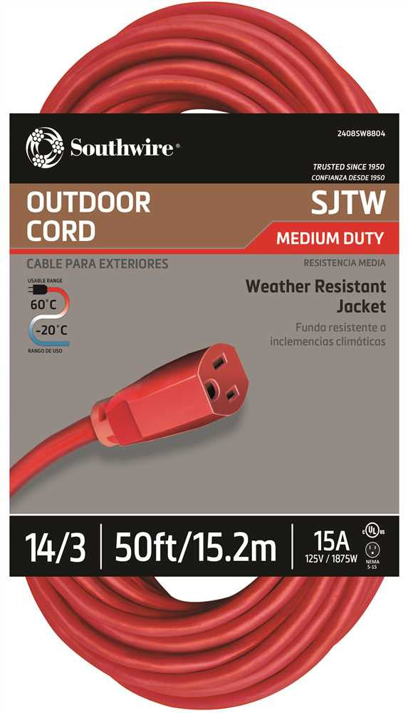 Vinyl Outdoor Sjtw Extension Cord, 14-3, 50 Ft., Red