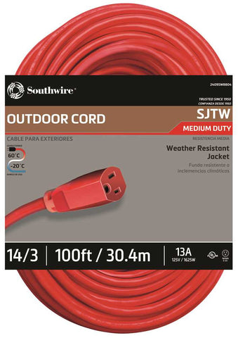 Vinyl Outdoor Sjtw Extension Cord, 14-3, 100 Ft., Red