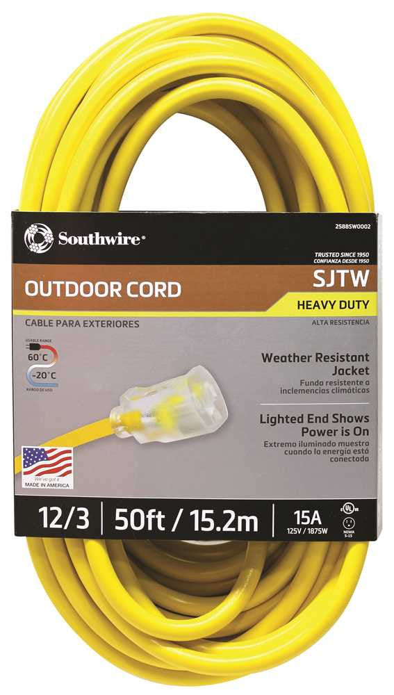 Vinyl Outdoor Sjtw Extension Cord With Lighted End, 12-3, 50 Ft., Yellow