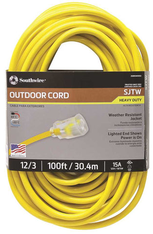 Vinyl Outdoor Sjtw Extension Cord With Lighted End, 12-3, 100 Ft., Yellow