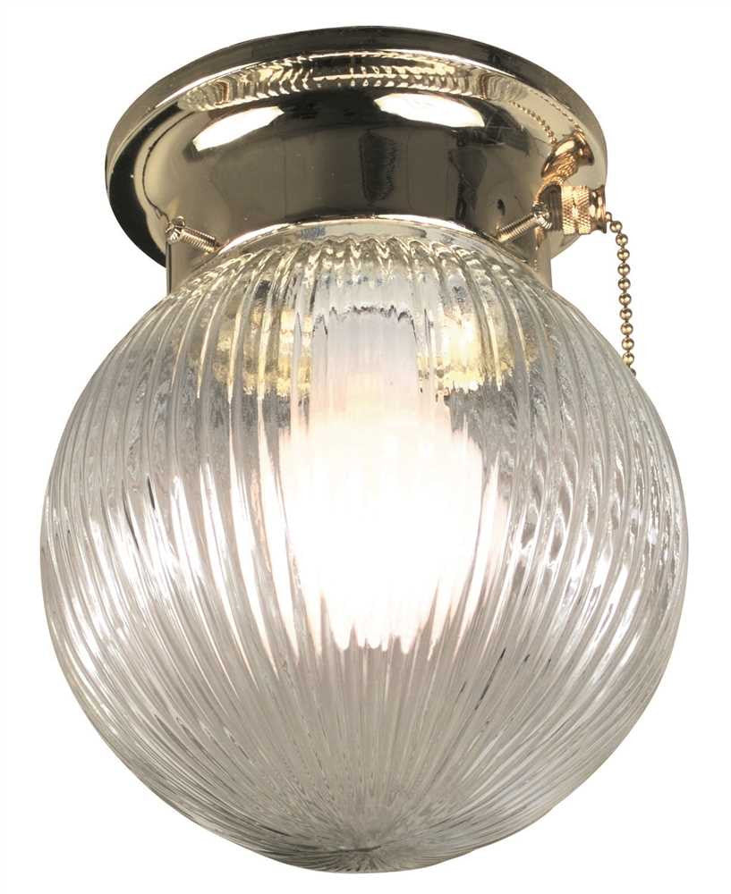 Royal Cove Ribbed Glass Ceiling Fixture With Pull Chain, 6", Polished Brass, Uses 1 60-watt Incandescent Medium Base Bulb