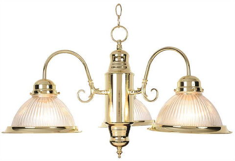 Halophane Glass Chandelier Ceiling Fixture, Maximum Three 60 Watt Incandescent Medium Base Bulbs, 19 In., Polished Brass