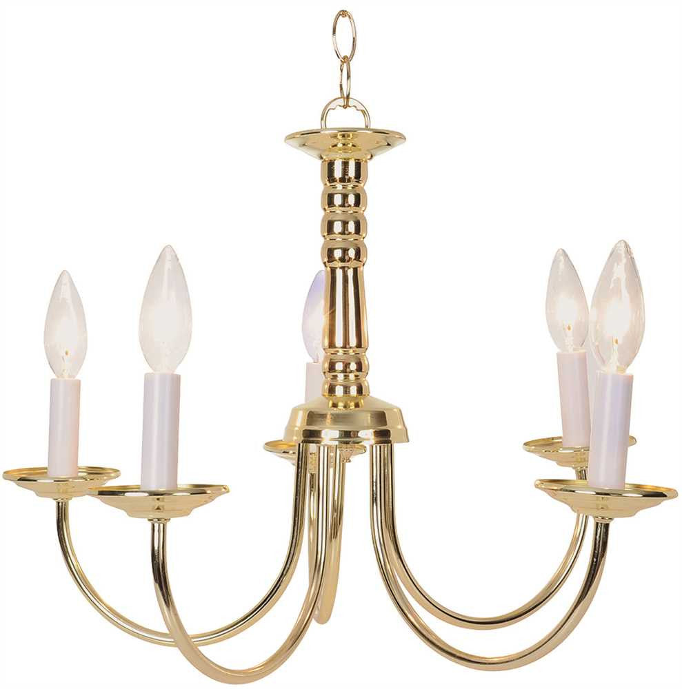 Traditional Chandelier Ceiling Fixture, Maximum Five 60 Watt Incandescent Candelabra Base Bulbs, 18 In., Polished Brass