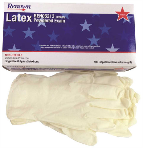 Renown&reg; Disposable Powdered Latex Exam Gloves, Natural, Medium, 5 Mil, 100 Gloves Per Box