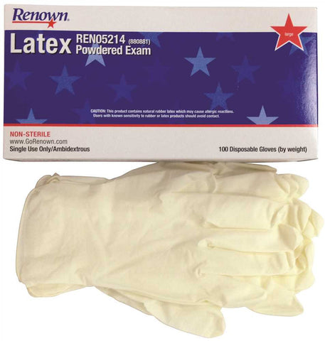 Renown&reg; Disposable Powdered Latex Exam Gloves, Natural, Large, 5 Mil, 100 Gloves Per Box