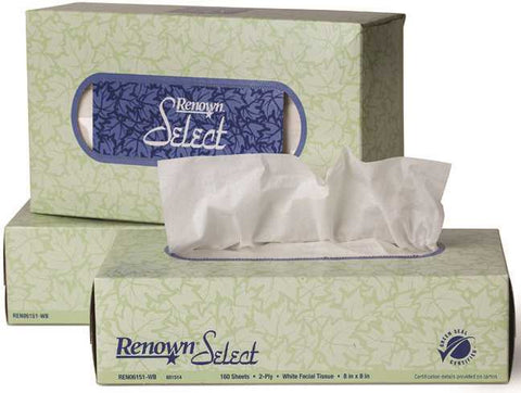 Renown&reg; Green Seal&trade;-certified Facial Tissues, 2-ply, 8 In. X 8 In., 160 Tissues Per Box, 30 Boxes Per Case